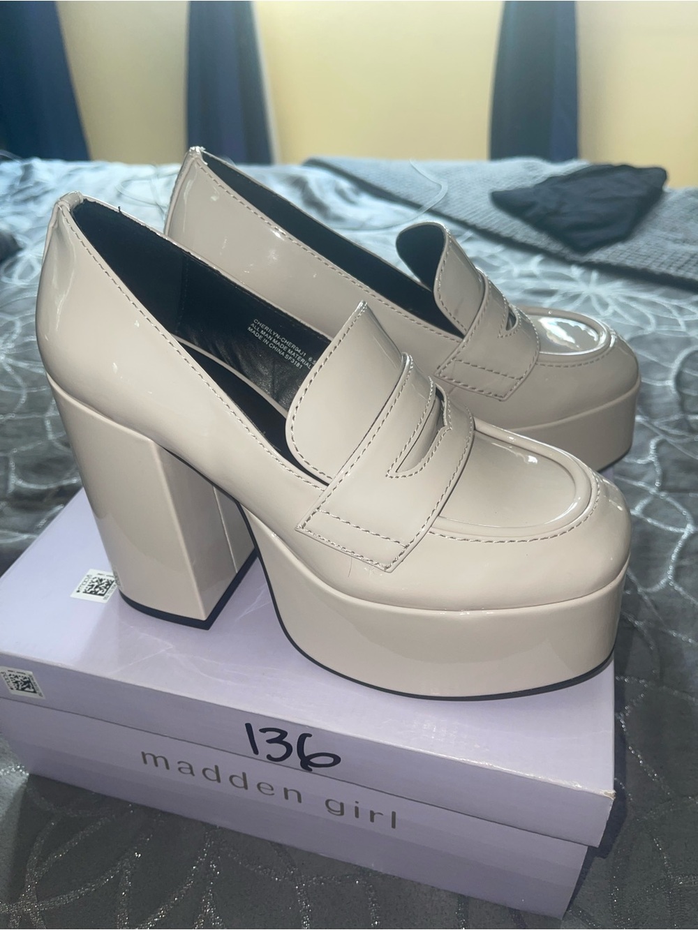 Steve Madden Cream Patent Platform Loafers with Block Heel